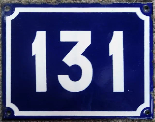 Large old blue French house number 131 door gate plate plaque enamel sign NOS