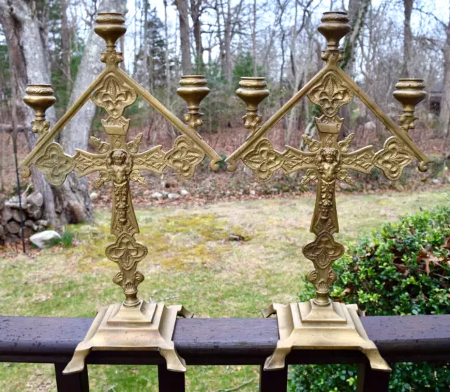 Pair Antique Brass Church Altar Cherub Angels Candelabra Candle Holders Eastlake