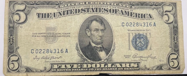 1953 Five Dollar BLUE Seal Note Silver Certificate $5 Old US Bill Average Circ 2