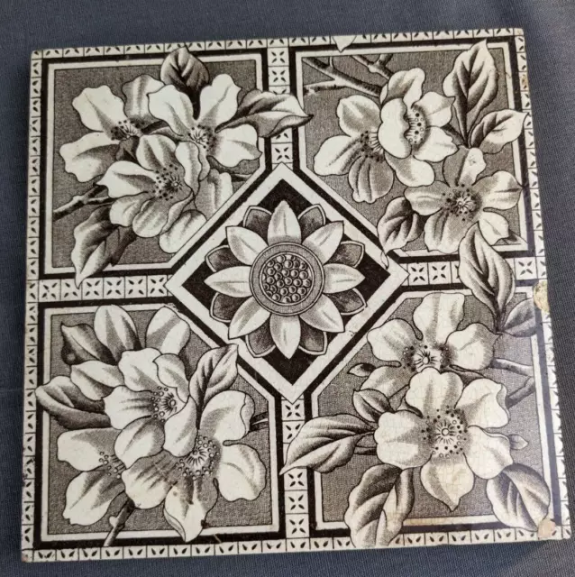 Antique English Transfer Glazed Tile Floral Victorian 6" X 6" Brown and Cream