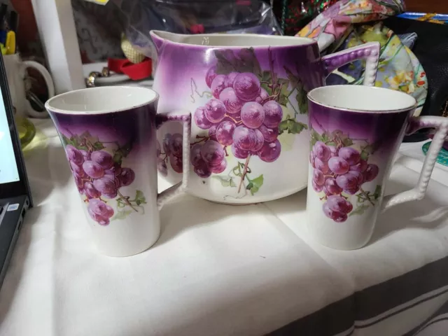 Nice Vintage Dresden China Cider Pitcher and Two Cups, Purple in Color, Grapes