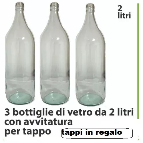 3 BOTTIGLIE di VETRO trasparente da 2 litri con avvitatura per tappo, vino, olio