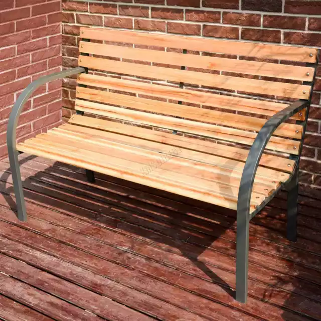 BIRCHTREE Wood Slatted Metal Frame Garden Bench 2 Seater Outdoor Patio Park Seat