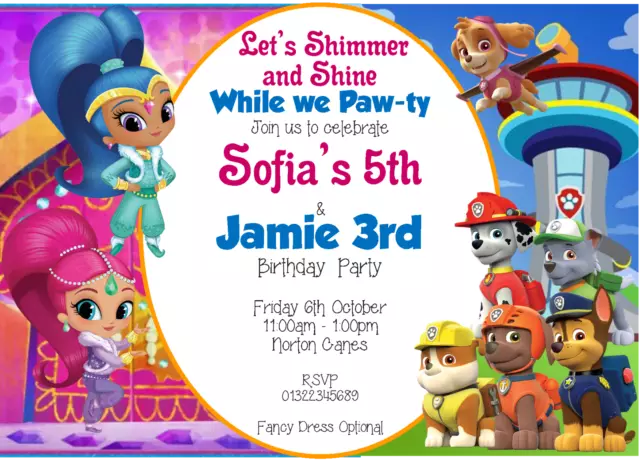 Invitations de fête personnalisées Shimmer and Shine and Paw Patrol garçon et fille