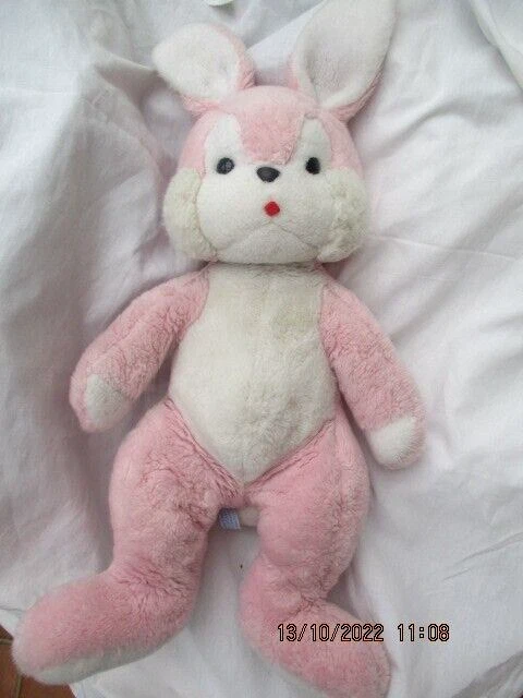 Doudou Peluche Nounours Lapin Assis rose et Blanc  Année 80 vintage 50cm