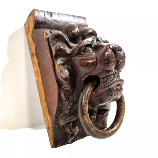 Lion wood carving corbel bracket 5.71 in Antique French architectural salvage