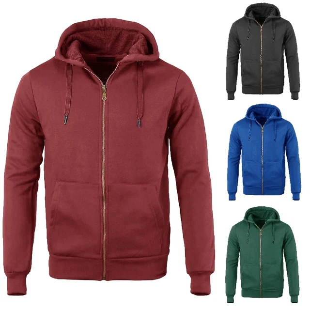 Felpa Uomo Zip Basic Con Cappuccio Tasche Cotone Maglia Bordeaux Blu