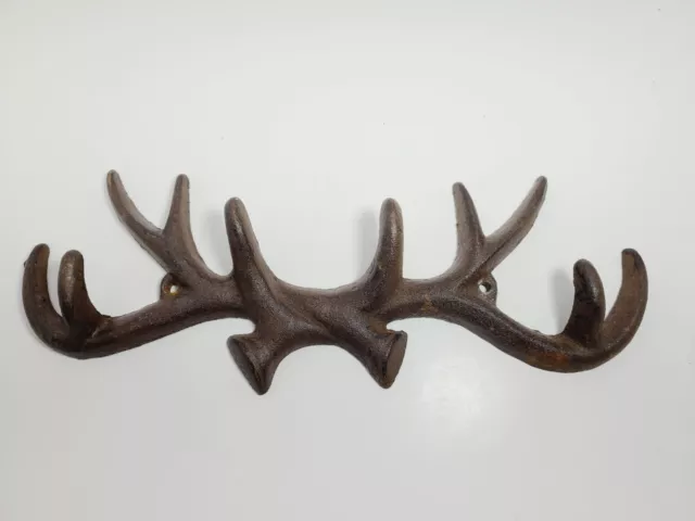 Deer Antler Coat Rack Wall Key Hooks Cast Iron Towel Hat Hanger Rustic Brown