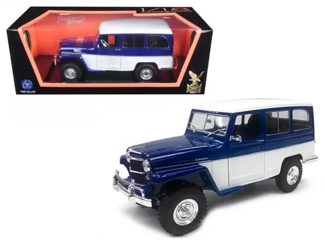 1955 Willys Jeep Station Wagon Dark Blue and White 1/18 Diecast Model Car by Ro