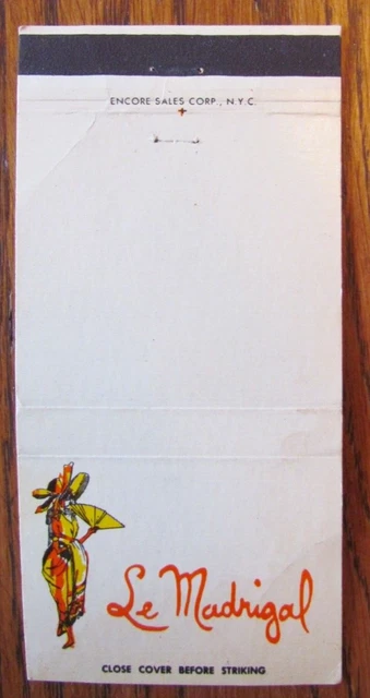 French Restaurant Matchbook Cover: Le Madrigal New York City Empty Matchcover C8
