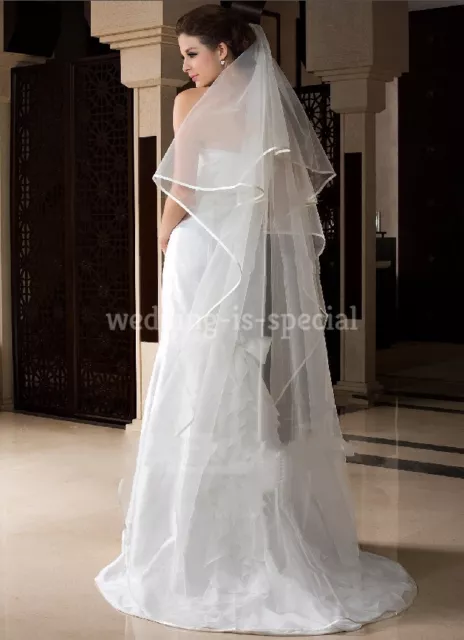 NEW Ivory Bridal Veil 2 Tier Floor/Chapel Satin Edge Swarovski Crystals 28/78 UK