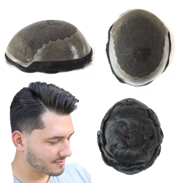 Mens Hair Toupee Human Hair Replacement System Wig French Lace Skin Hairpiece Q6