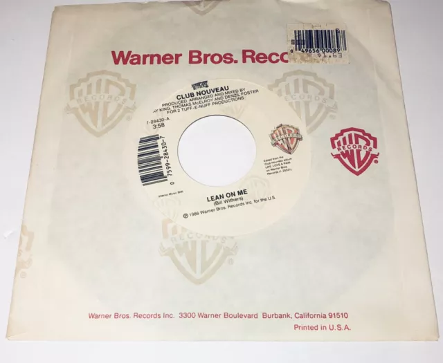 Club Nouveau Lean on Me / Pump It Up (reprise) Warner Bro’s. 7" Record 45 23C15