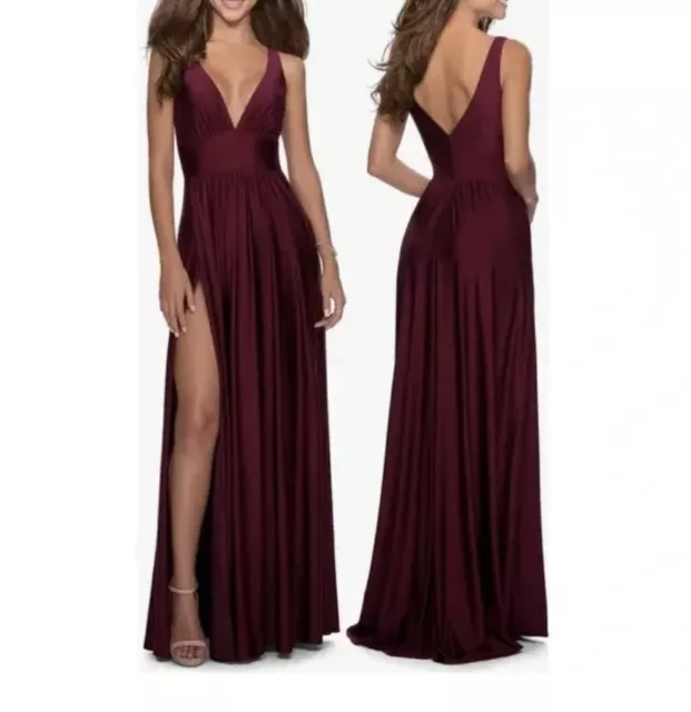 NWT La Femme Womens Plunge Neckline Gown Sz 14 Slit Lined Dark Berry Sleeveless