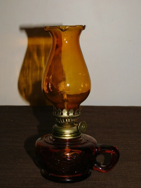 Vintage 8" High Amber Glass Mini Oil Lamp New Old Stock