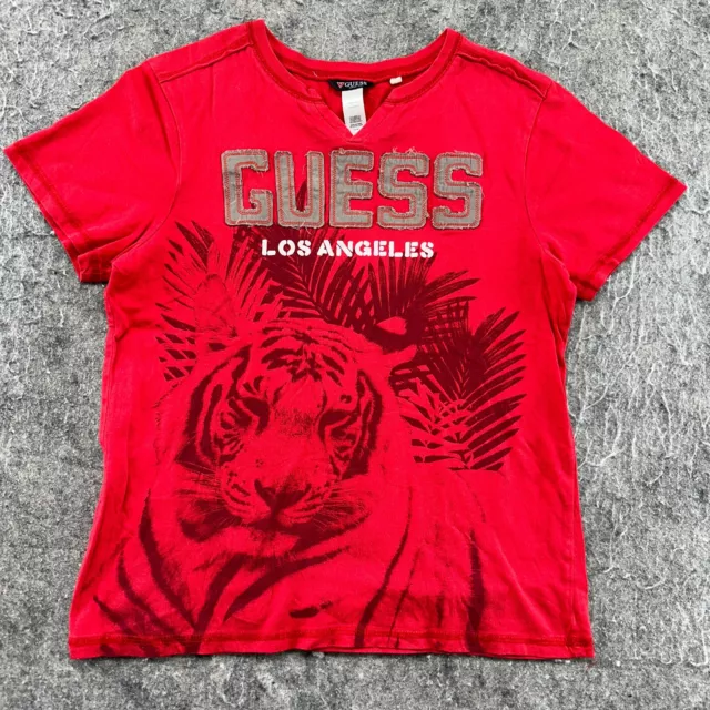 Guess Shirt Boys Large Red Tiger Logo Graphic Embroidered Print Short Sleeve