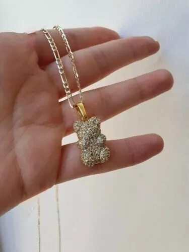1.50Ct Round Natural Moissanite Teddy Bear Pendant 14K Yellow Gold Plated
