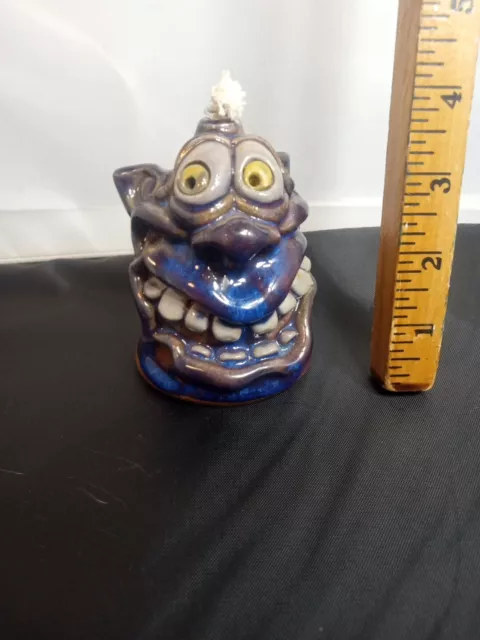 Phelps Art Pottery Grotesque Ugly Face BLUE Signed  Buck Teeth MONSTER OIL LAMP