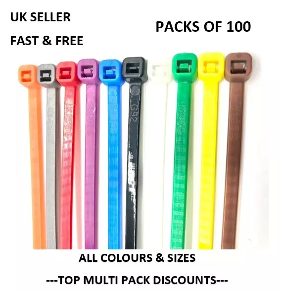 Pack Of 100 Cable Ties Zip Tie Wraps Long Strong - All Colours - Bulk Cheap Uk