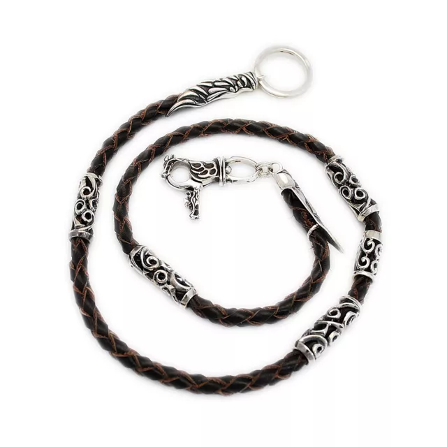 925 STERLING SILVER DRAGON CLASP & BROWN LEATHER BIKER WALLET CHAIN gs-wc005