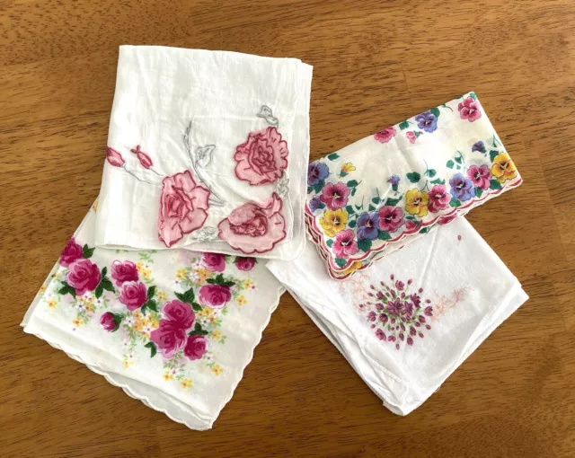 Pink Floral Hankies Vintage 1950s Mixed Lot 4 Cotton Handkerchief Hanky