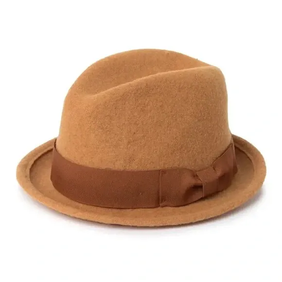 NWOT Brixton Coltrain Felted Wool Fedora Ribbon Trim Fedora Hat One Size, CAMEL