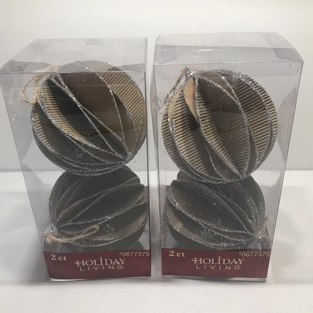 Brand New Holiday Living Ornaments Total 4 Christmas Beige W/ Silver Glitter