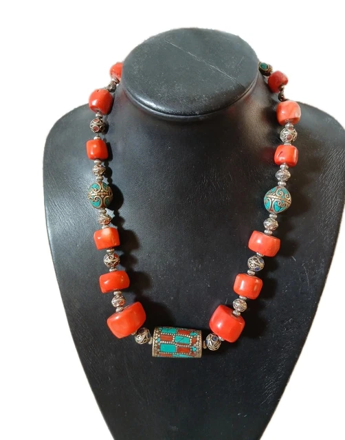 Collier Ancien Berbère En Argent Avec Ambre Orange - Bijou Ethnique Vintage, Occasion