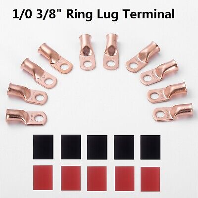 10 Pcs 1/0 3/8" Hole Ring Lug Terminal Bare Copper Uninsulated AWG Gauge US