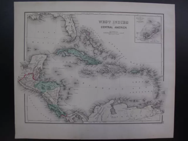 Antique Hand Colored Map West Indies and Central America Cuba Jamaica Islands
