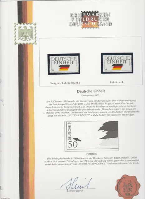 Plattenfehler SM "Deutsche Einheit" Mi. 1477 I, Echtheits-Zertifikat