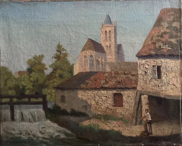 René Printemps huile sur toile signée la pêche la cascade le village l'église