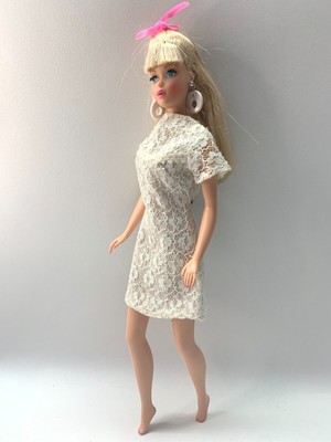 Vintage BARBIE CLONE Short Lace Silver Metallic Dress Hong Kong Tag