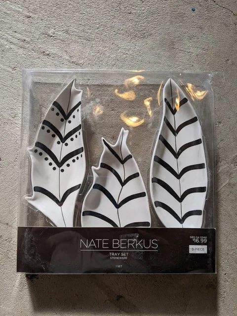 Nate Berkus Stoneware Tray Set 3 Pieces Black White Feather Boho Trinket
