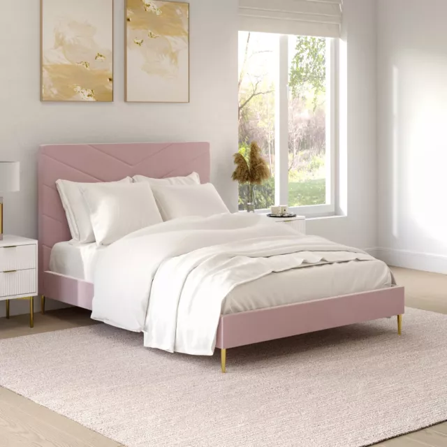 King Size Bed Pink Velvet with Gold Legs High Chevron Pattern Headboard Modern