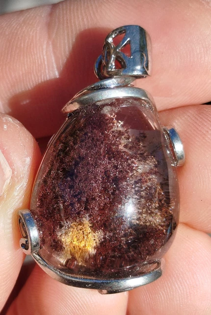 Pendentif En Argent 925 Avec Quartz Fantôme Naturel - Cabochon Poire Brun Violet 14,50g - Neuf Sans Boîte
