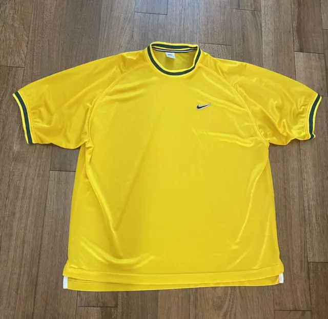 Vintage 90s Nike Jersey Green Yellow Brasil Mesh Sz Lg White Tag Color Swoosh