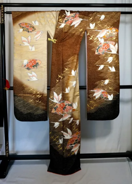 Japanese kimono SILK"FURISODE" long sleeves, Gold thread/leaf, KIKU(菊)L5'5".3263