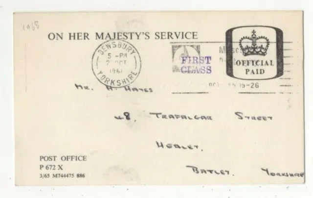 Dewsbury 2 Oct 1968 Machine Postmark Yorkshire GPO Official Paid Postcard 289c