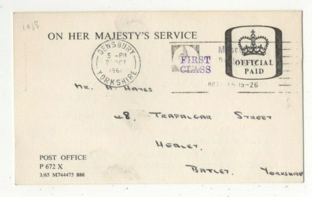 Dewsbury 2 Oct 1968 Machine Postmark Yorkshire GPO Official Paid Postcard 289c