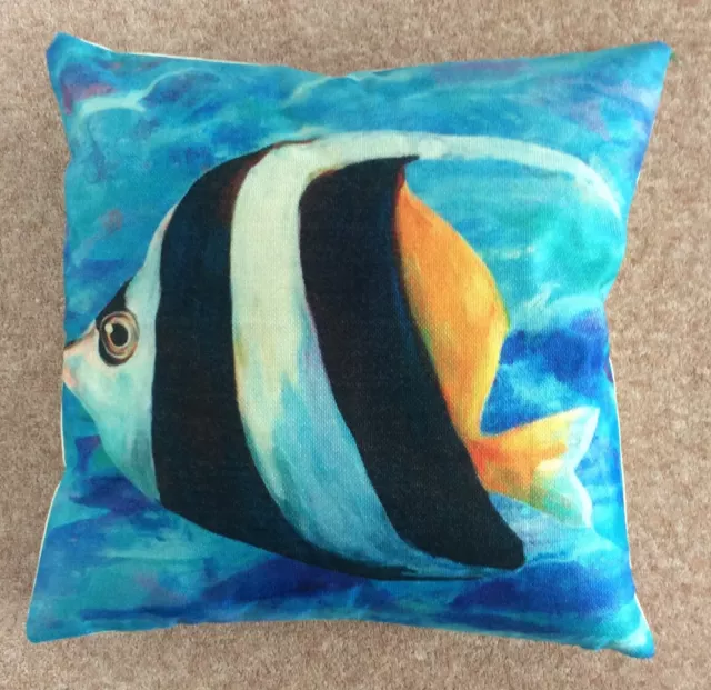 Sealife fabric cushion new 17in x 17in black and white fish