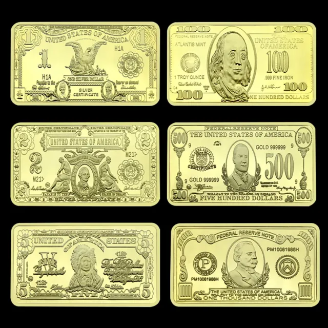 US Square Coin 1 2 5 100 500 1000 Dollars 6pcs/set Gold Plated Medal Collections