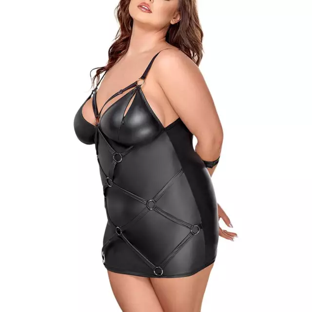 Sexy Mini-Kleid XL-4XL Cups mit Reißverschluss Fesseln Wetlook schwarz "Rabea