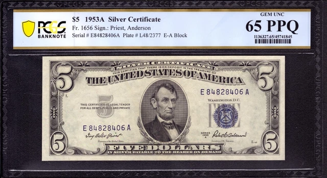 1953 A $5 Silver Certificate Note Fr.1656 Ea Block Pcgs B Gem Unc 65 Ppq