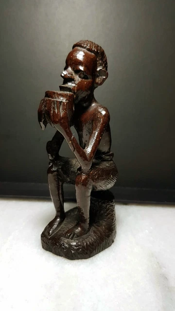 Men bowl Sculpture vintage hand carved, Africa black wood statue figurine meal