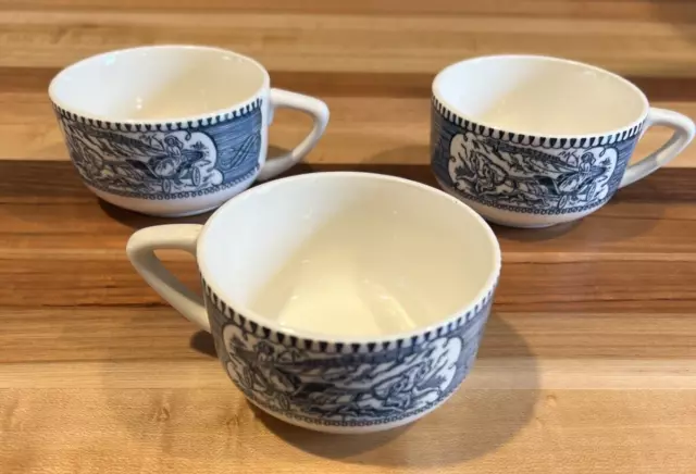 Set Of 3 Currier & Ives Cups Blue Old Grist Mill Royal China Tea Coffee