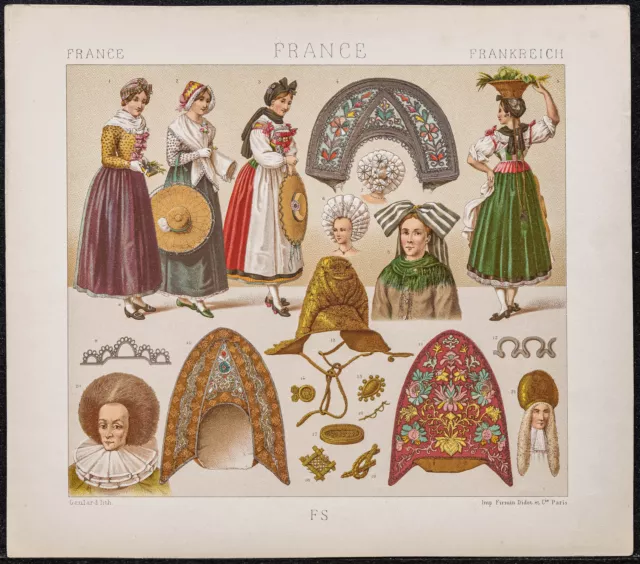 1890 - Alsace - Costume alsacien traditionnel et mode - Lithographie ancienne