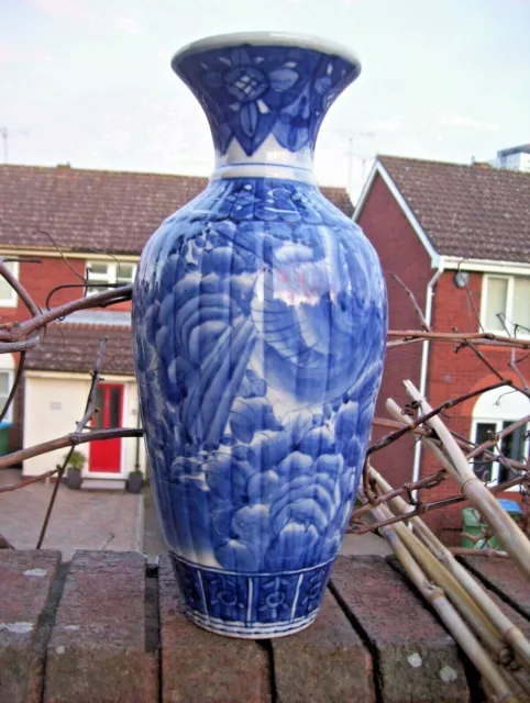 Antique Large Chinese Hand Painted Blue & White Peony &phoenix Vase