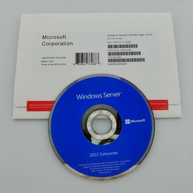 MICROSOFT WINDOWS SERVER 2022 datacenter 64Bit 16 Core License Key DVD ...