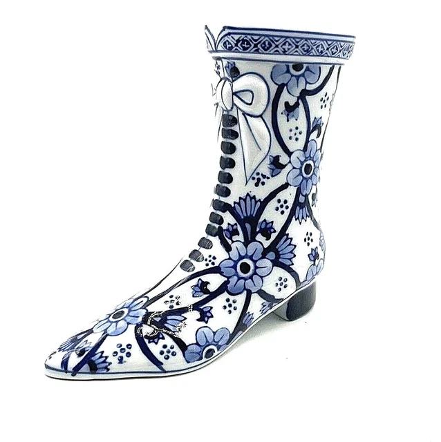 Ceramic Blue and White Victorian Boot Decorative Vase Planter 7” Tall